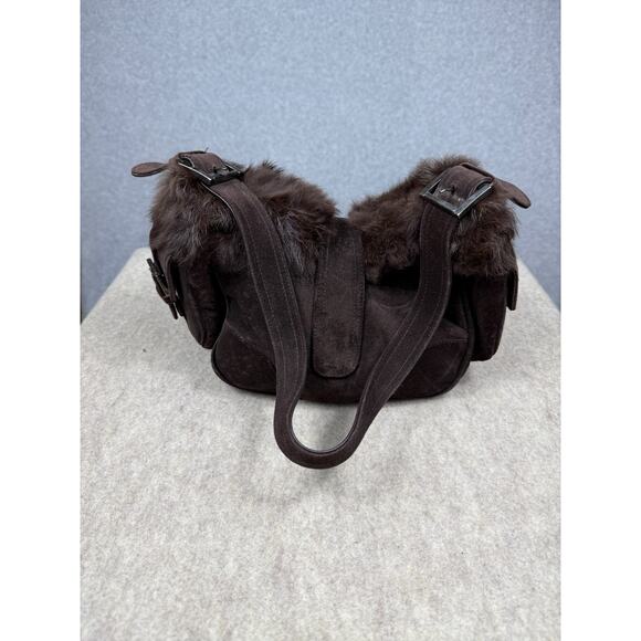 Stuart Weitzman Dark Brown Suede Fur Trim Shoulder Bag Front Clip - Picture 2 of 14